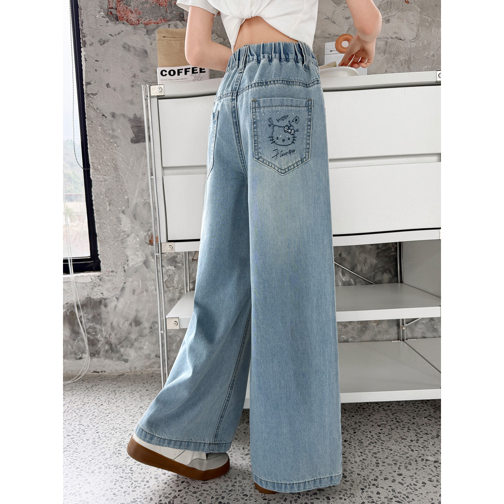 Crianças calças de verão meninas Jeans finos médio grande crianças estilo ocidental estreito calças de perna larga crian