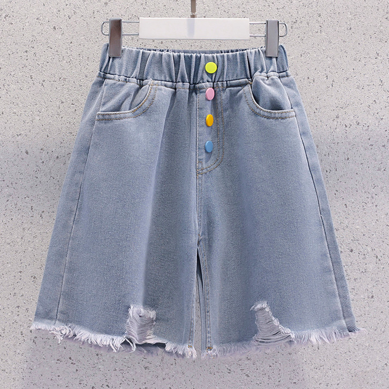 Shorts jeans para meninas verão estilo fino calças externas influenciador frito rua calças de cinco pontos casuais crian