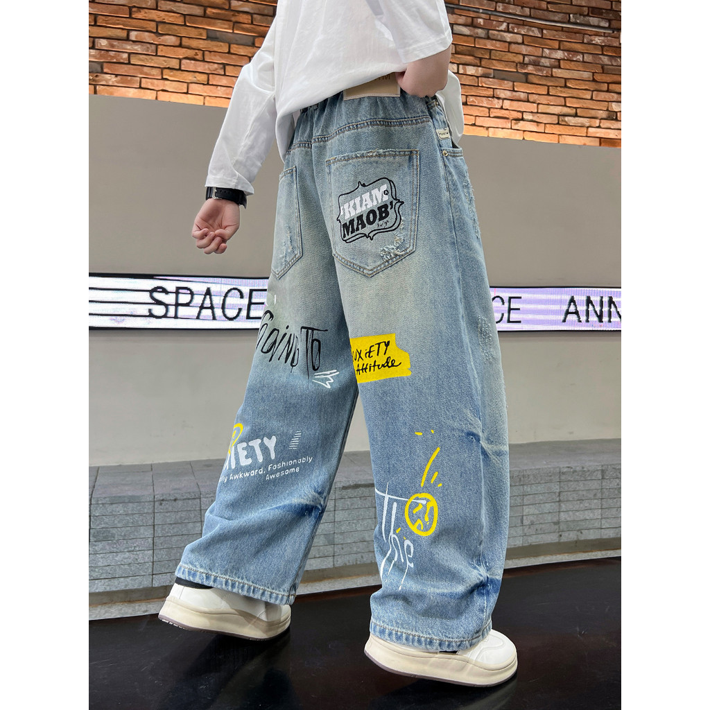 Meninos primavera calças 2026 novo estilo médio grande crianças em linha reta menino Jeans primavera outono estilo crian