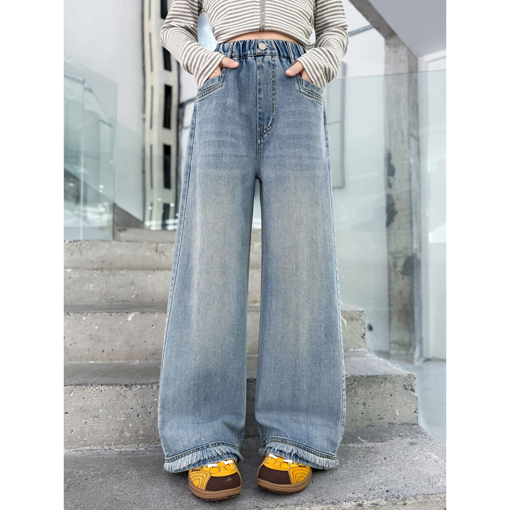 Calças jeans de perna larga para meninas roupas de primavera 2026 novo estilo estilo ocidental calças casuais para crian