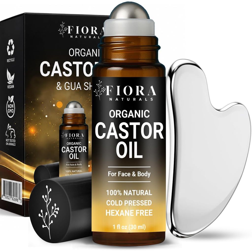 Organic Castor Oil Roll On & Stainless Steel Gua Sha Facial Tool, 1 fl oz | Metal Face Sculpting Tool, Cooling Gua Sha O