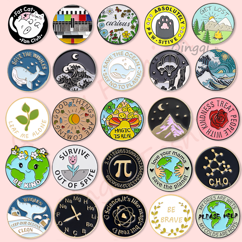 Clássico Pin Broche De Esmalte Redondo Colorido Broches Cartoon Cat Club Whale Mountain Flowers Ciência Crachás Lapela Bonita Jewelry Gift