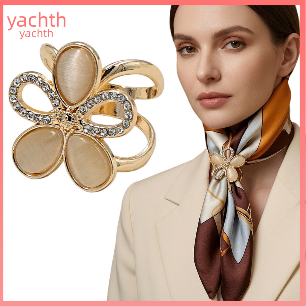 Scarf Ring Clip Elegant Shawl Holder Rhinestone Flower for Women – Alloy Five-petal Floral Buckle Smooth for Silk Scar