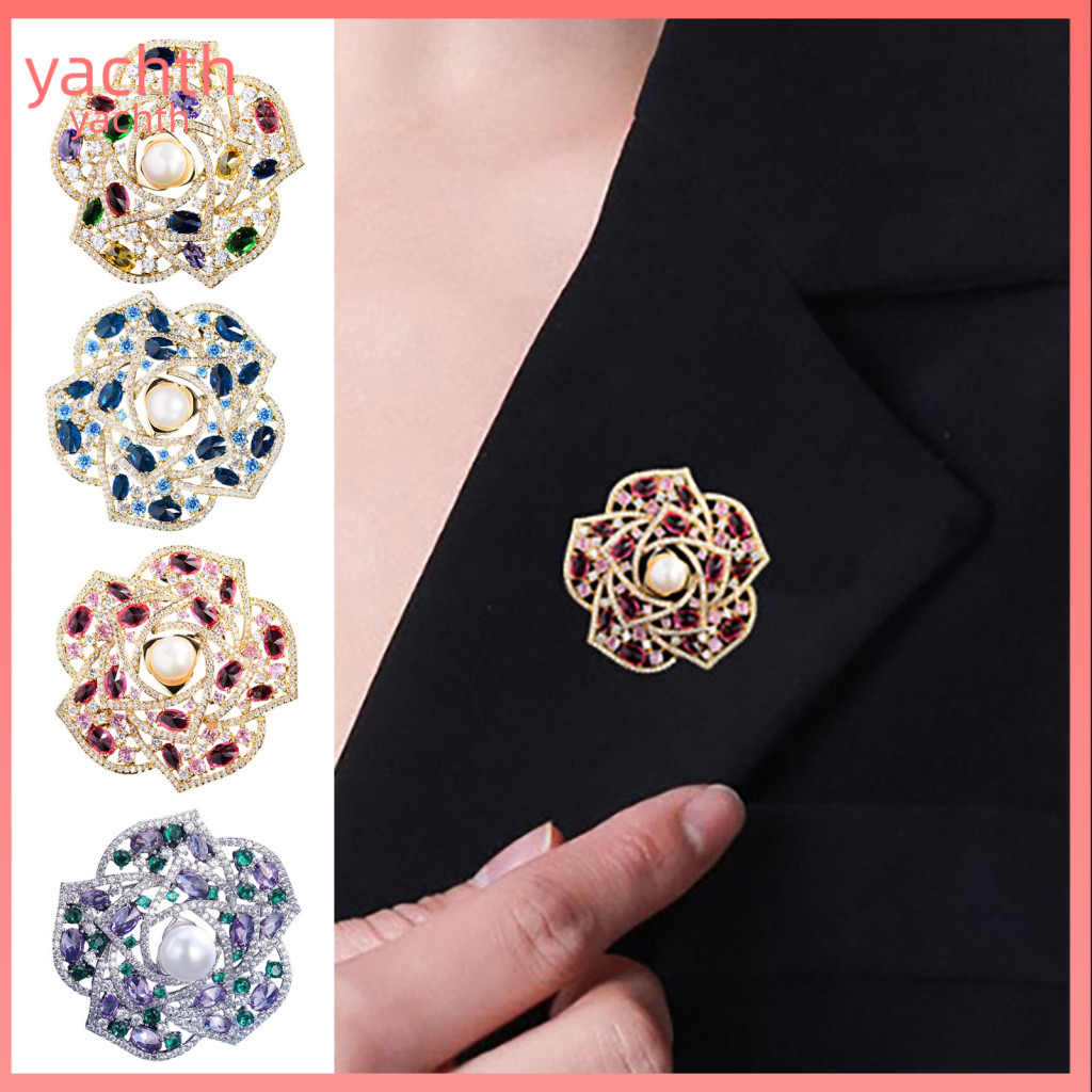 Scarf Brooch Accessory Elegant Camellia Flower Pin with Imitation Pearl Rhinestones Stylish Lapel for Women’s Sweaters