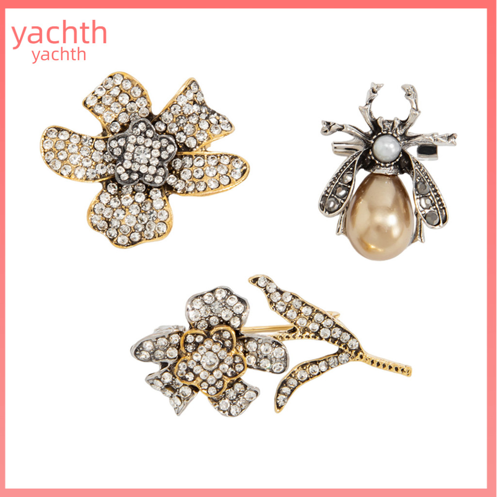 Flower Brooch 3pcs Women Set Bee Design with Sparkling Rhinestones and Imitation Pearls Retro Style Pins Elegant Jewelry