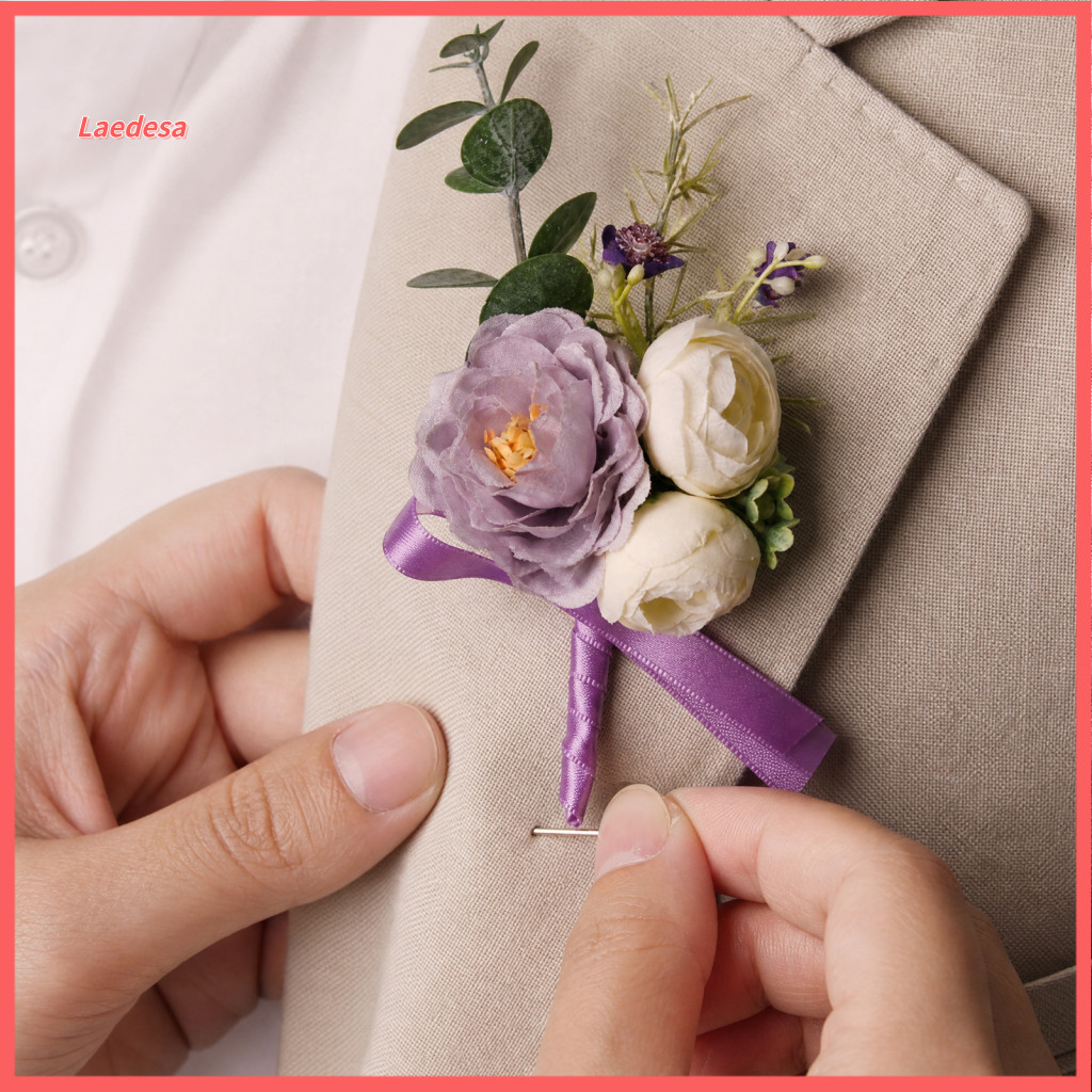 High-end Wedding Brooch Purple Boutonniere Artificial Silk Flower Lapel Pin for Groom Bride Parents Romantic Wrist Corsa