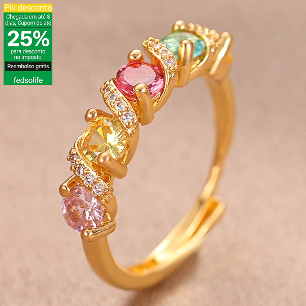 Fedsolife anel ajustável Retro palácio arco-íris turmalina colorido tesouro cheio de diamante 18K