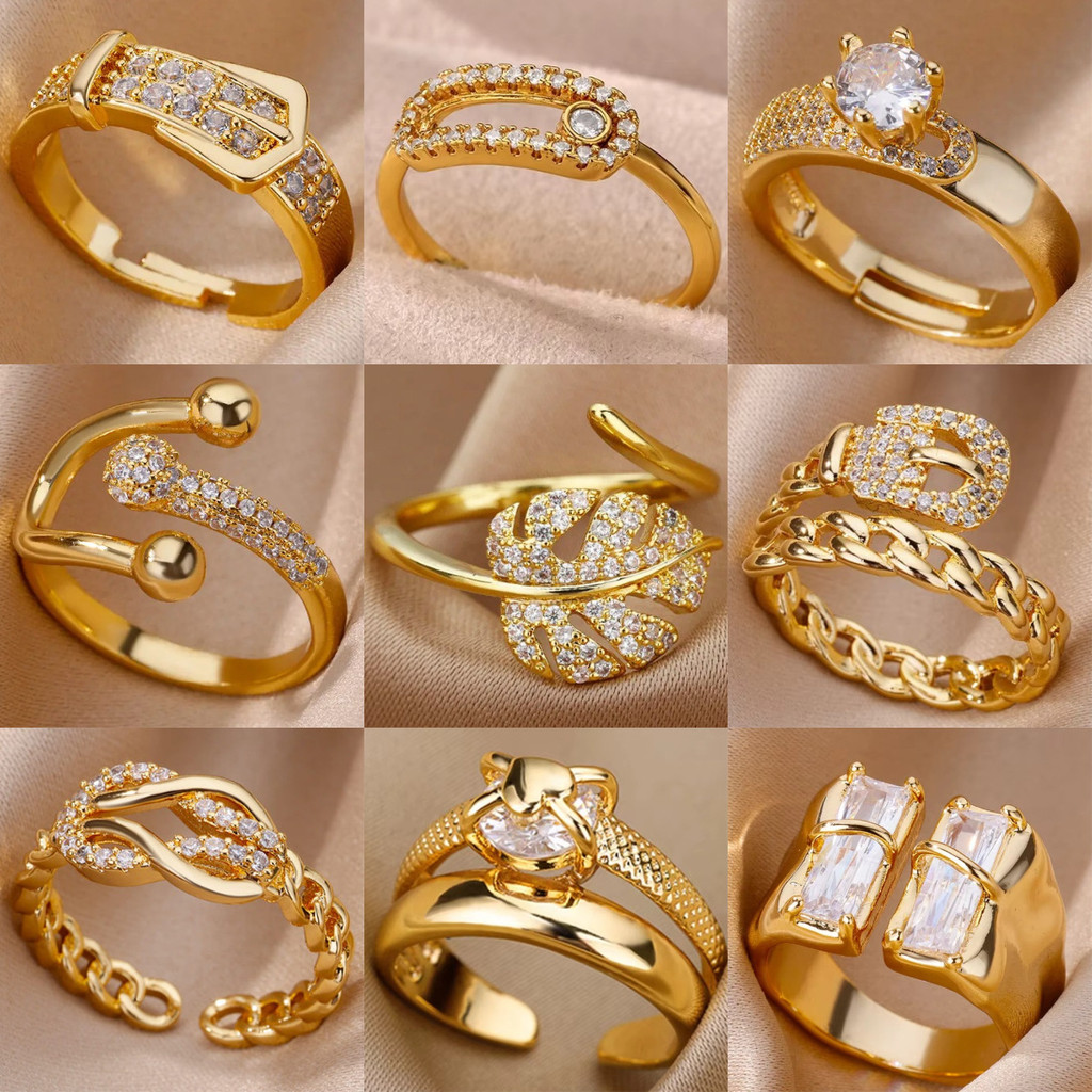 18K banhado a ouro cheio de diamante titânio aço não desbotado anel aberto feminino zircão folha anel feminino  High-End