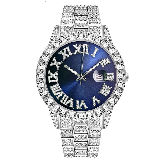 Novo Água Fantasma Grande Strass Conjunto Masculino Relógio Romano Graduado Data Hip Hop Dourado Verde Cheio Diamante