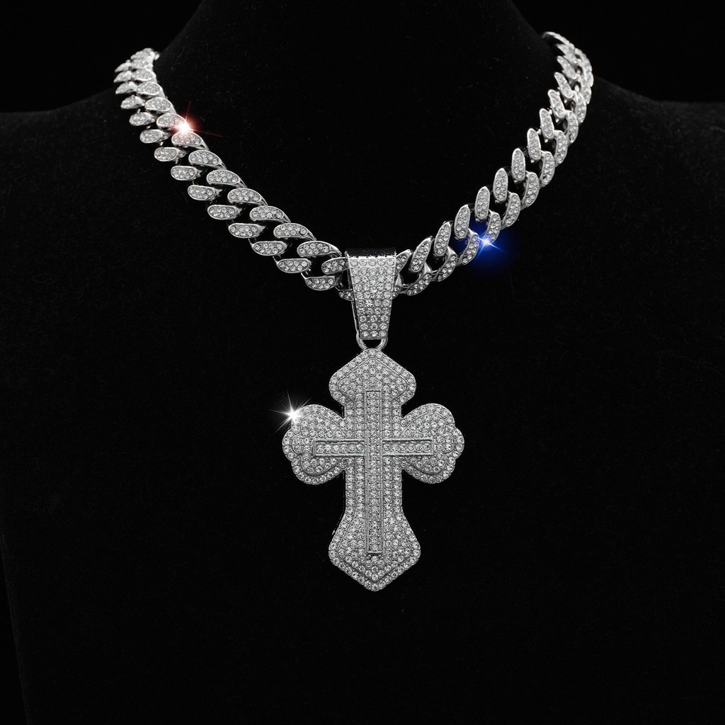Novo Corrente Cravejada Ice Cruz Hip Hop Pingente Cheio De Diamantes Cubanos Colar AcessóRios De Joias Para Homens E Mu