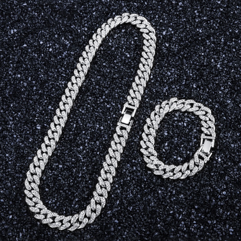 Novo Corrente Cravejada Colar De Hip Hop Rapper Europeu Americano Cheio Diamante Corrente Cubana De Rua Conjunto De Hips