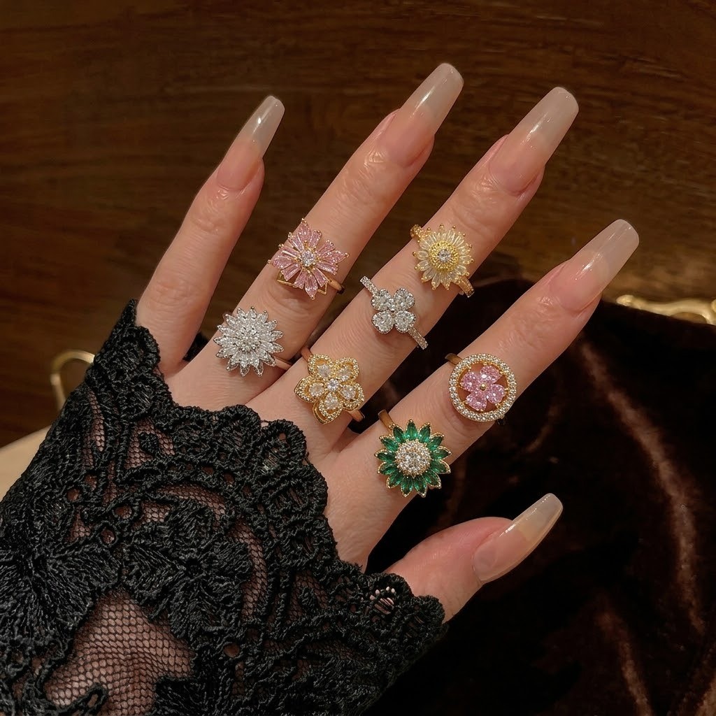 Anel feminino com flores microincrustadas, zircônia giratória, estilo elegante e moderno, cheio de diamantes, anel em fo