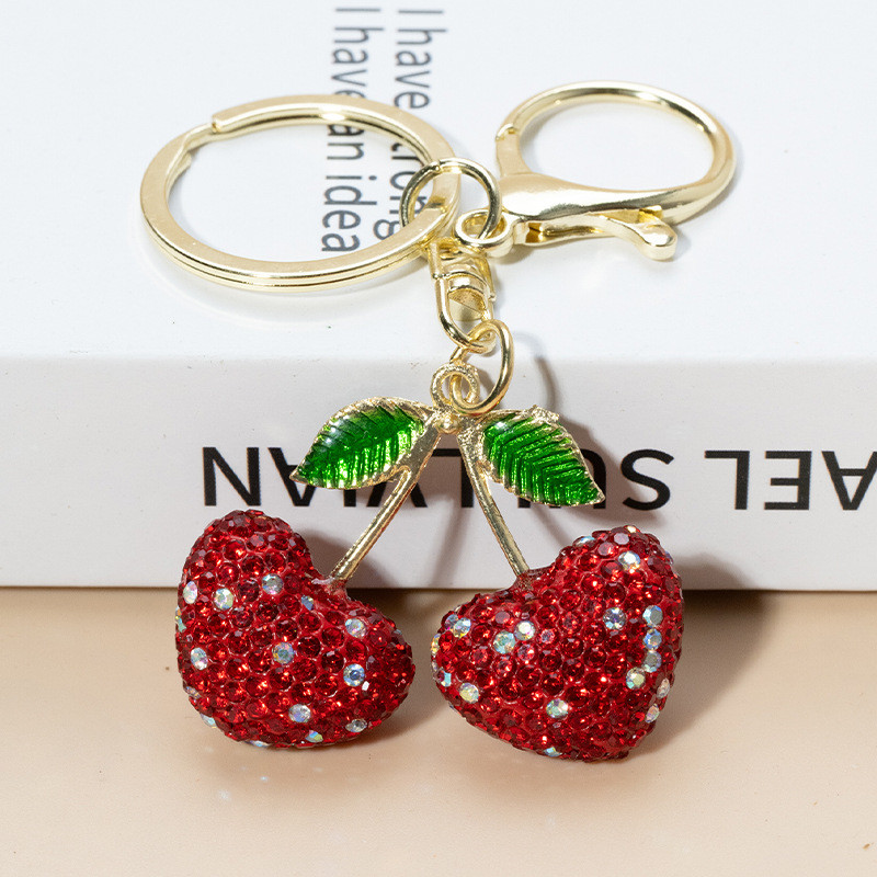 Amor coração cheio de diamante cereja saco charme strass meninas lindo chaveiro