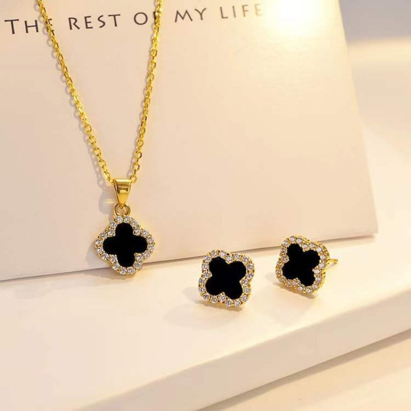 HT colar de aço titânio cheio de diamante trevo de quatro folhas pingente meninas acessórios corrente de clavícula