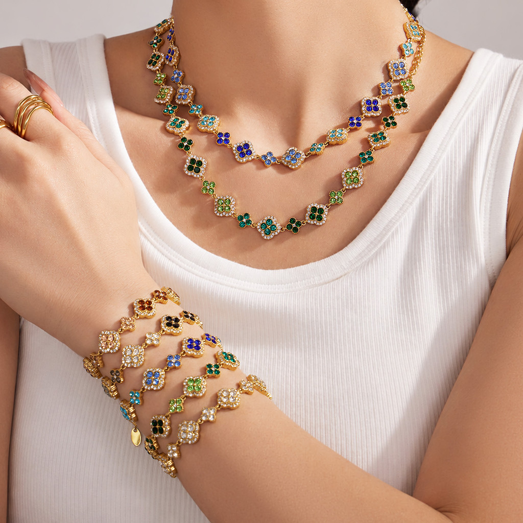 Senhoras colar de luxo cheio diamante flor clavícula corrente aço inoxidável banhado a ouro 18K não desbota