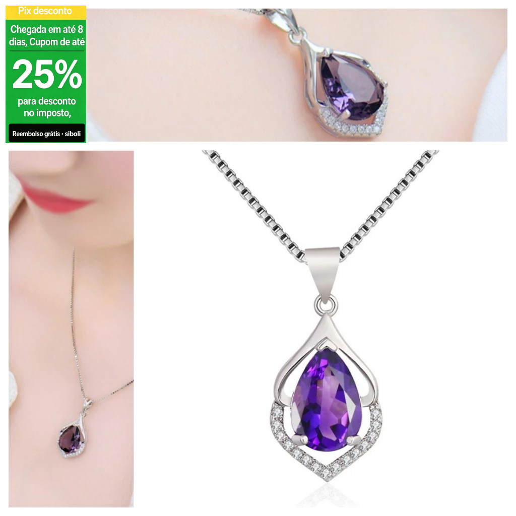 Fedsolife colar europeu americano ametista pingente em forma de gota cheio de diamante banhado a platina clavícula corre