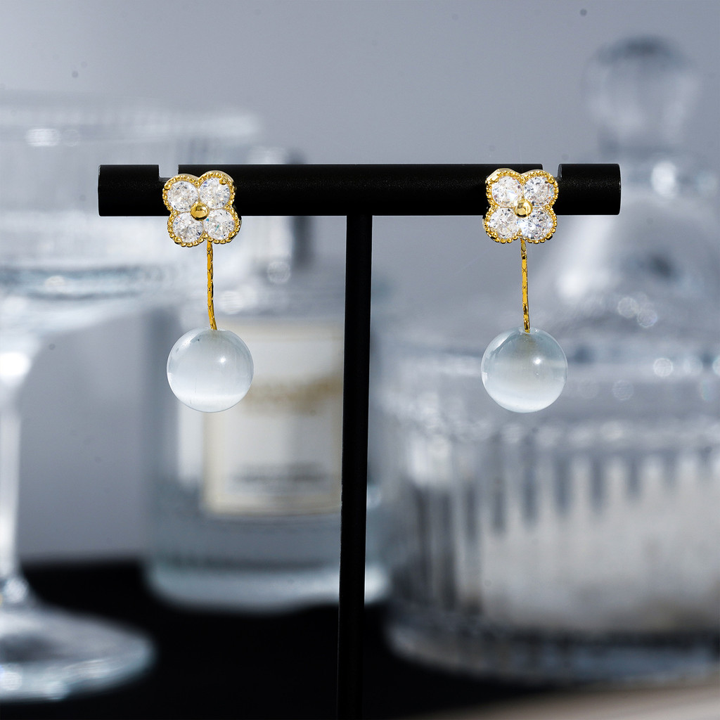 Luz de luxo requintado cheio de diamante zircão opala quatro folhas flor pérola brincos moda brincos All-match