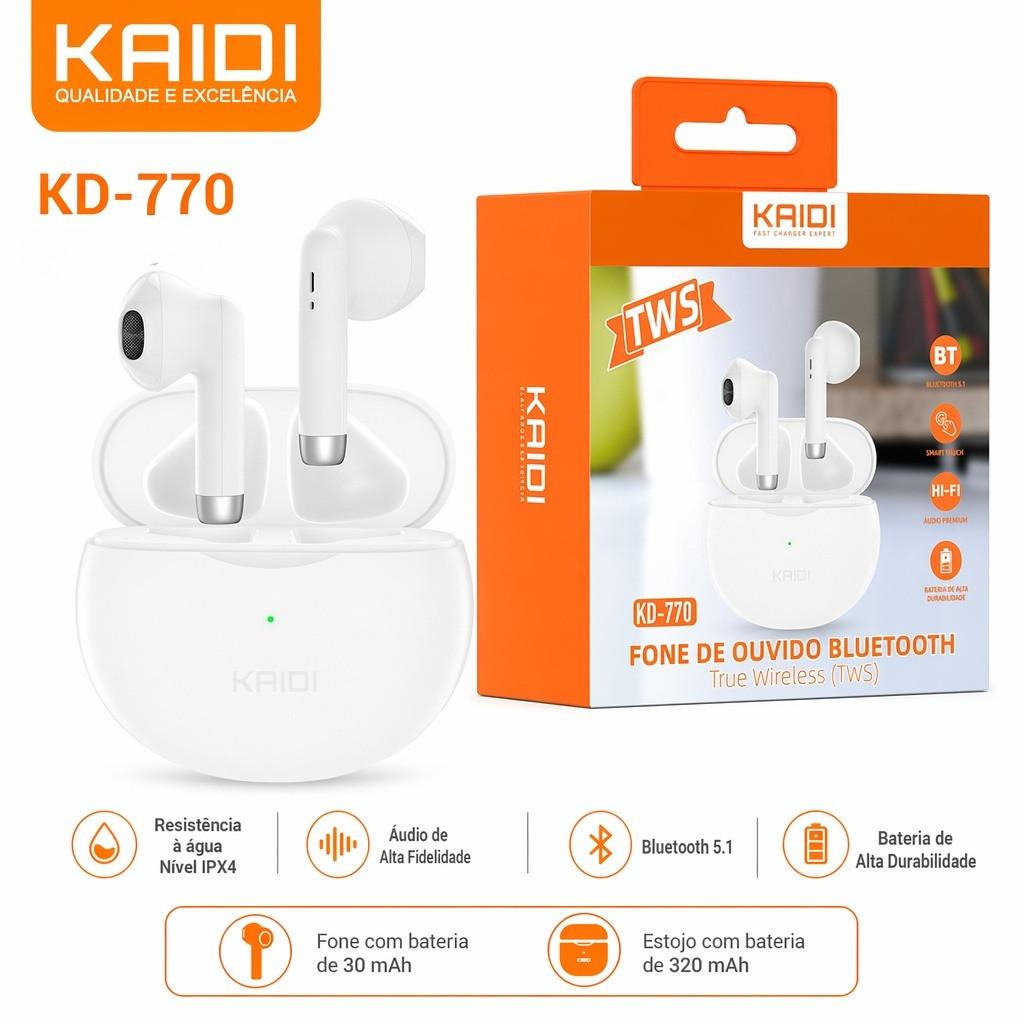 Fone de Ouvido Sem Fio Kaidi KD-770 Bluetooth 5.1 Smart Touch Driver 13 mm Som Hi-Fi Homologado Anatel