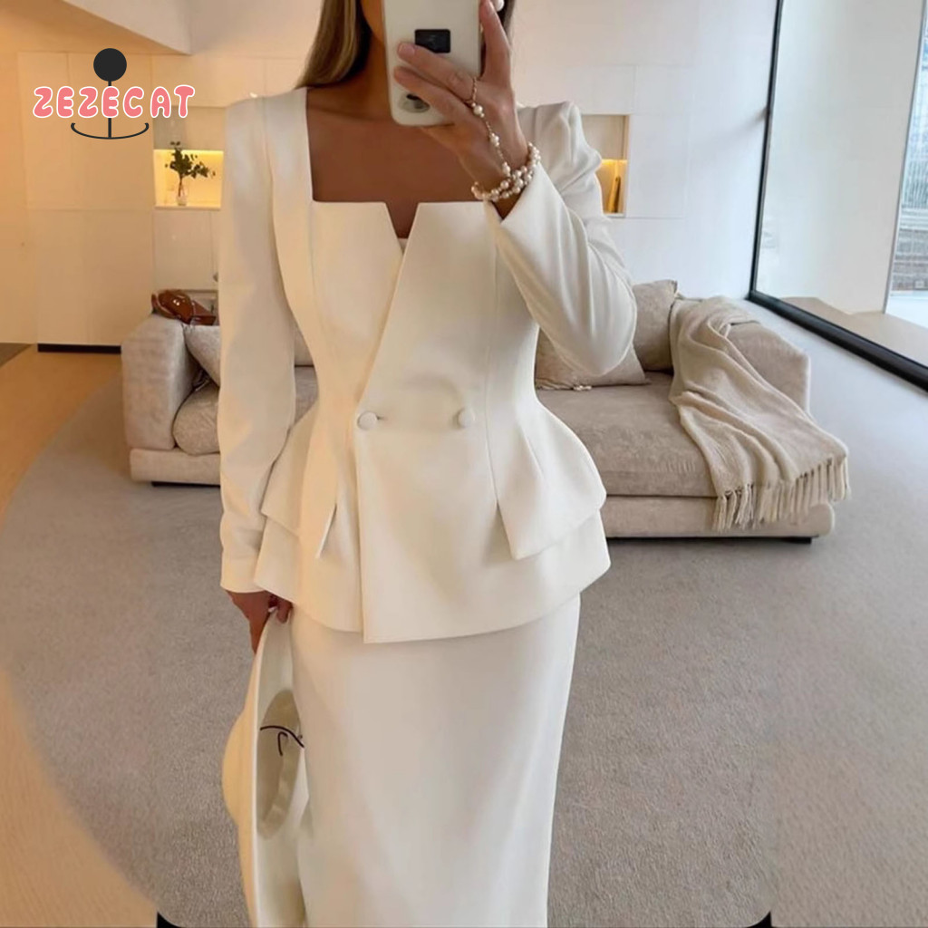 Women Commuter Suit Set Coat Skirt 2 Pcs Square Neck Double-breasted Long Sleeve Top Slim Fit Solid Color Business Offic