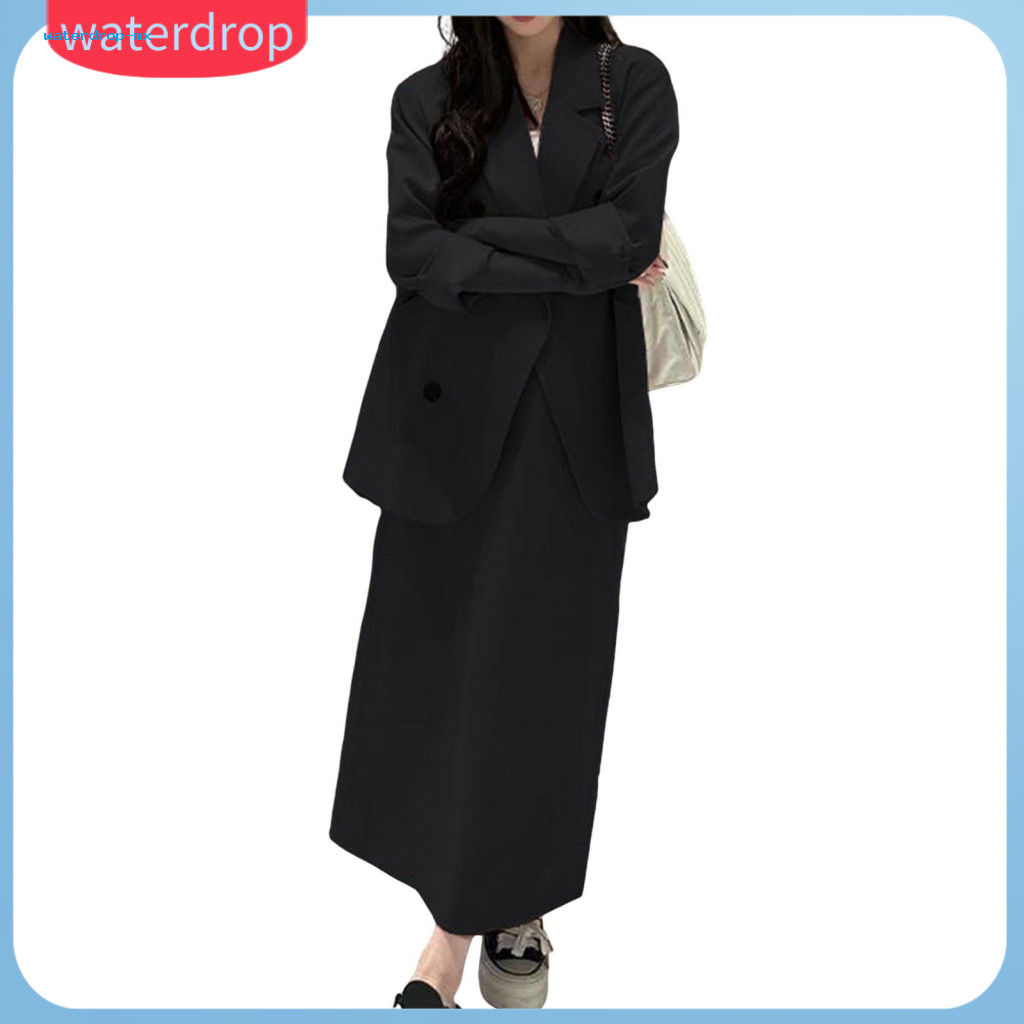 2 Pcs Women Suit Set Double-breasted Blazer High Waist Loose Skirt Mid-length Jacket Formal Business Outfit Stylish Offi