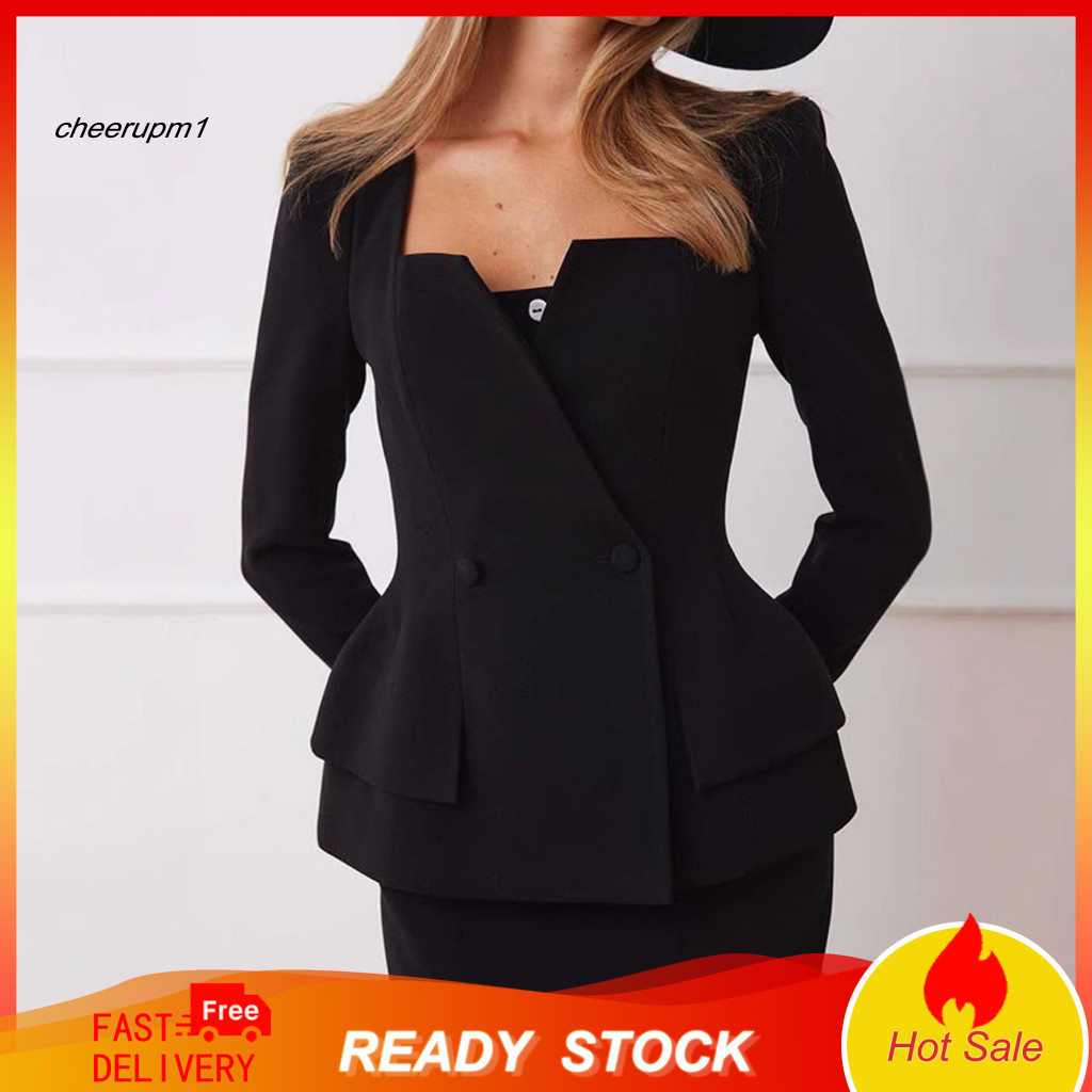 Business Outfit Women Coat Skirt Suit 2 Pcs Set Square Neck Double-breasted Long Sleeve Top Slim Fit Solid Color Office