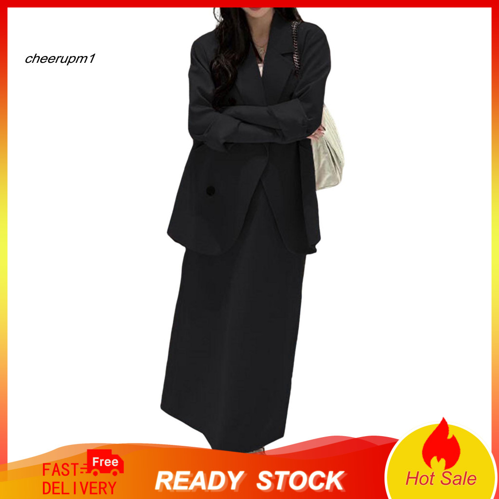 Office Attire Suit Women Solid Color Outfit 2 Pcs Set Double-breasted Blazer High Waist Loose Skirt Mid-length Jacket Fo