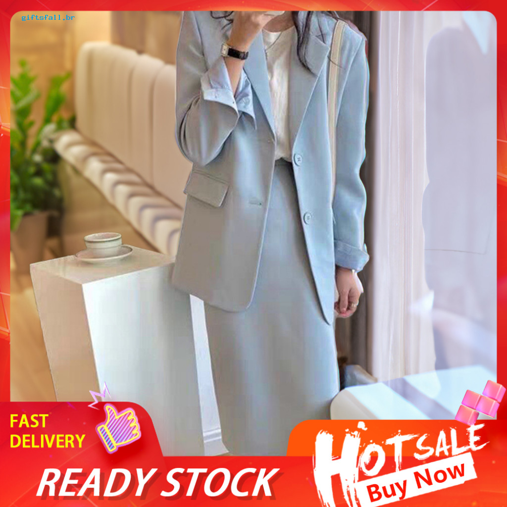 Women Coat Skirt Set Comfortable Workwear 2pcs Office Suit Lapel Blazer with Flap Pockets High Waist Midi Long Sleeve So