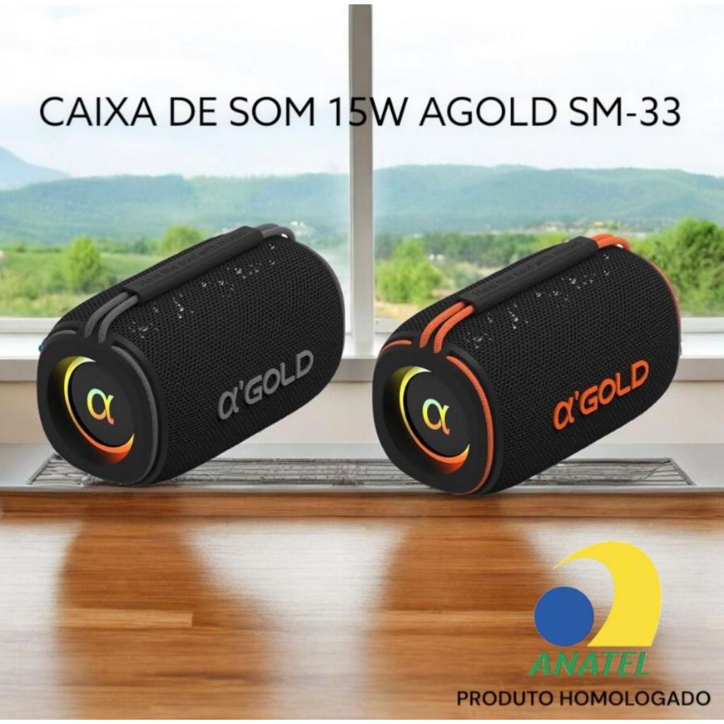 Caixa De Som Portátil Agold Sm-33 15w Bt Usb Micro Aux Tws Preto Com Laranja a prova de agua
