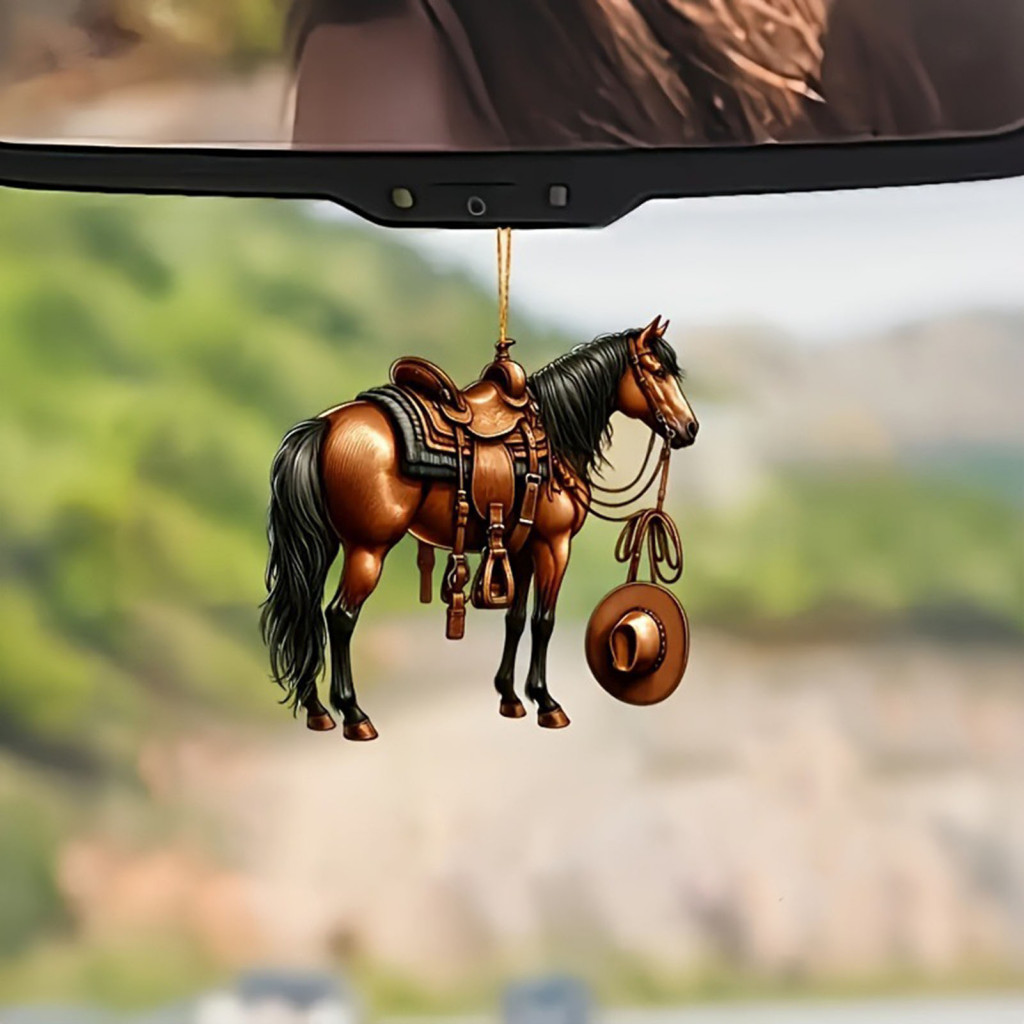 Elegant Figurine Horse Decor Realistic 2d Acrylic Car Pendant Keychain Western Cowboy Charm Rearview Mirror Decoration G