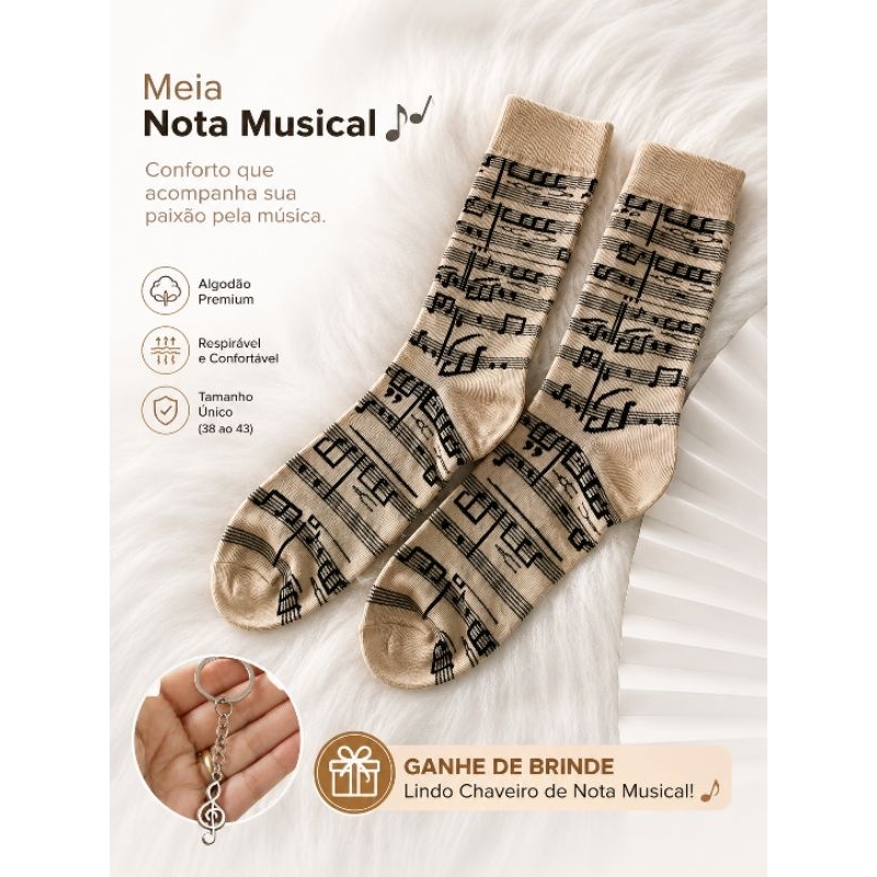 1 Par Meia Notas musicais Música Feminina Masculina Cor creme bege nude