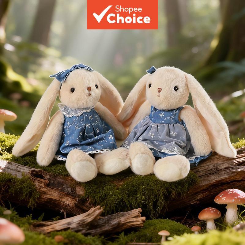 Brinquedo de Pelúcia Bunny - Boneco de Coelhinho de Orelhas Longas com Vestido Jeans Destacável, Acabamento em Renda e