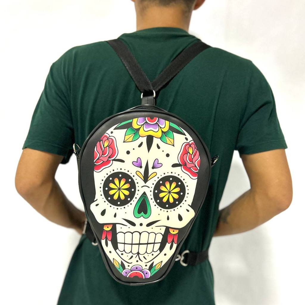 Mini mochila e bag 2 em 1 Caveira mexicana flores estampa tumblr