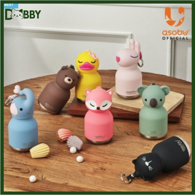 [ASOBU] Mini Bestie Keychain Tumbler 200ml Garrafa Isolada De Aço Inoxidável De Água De Animal Fofo Com Canudo
