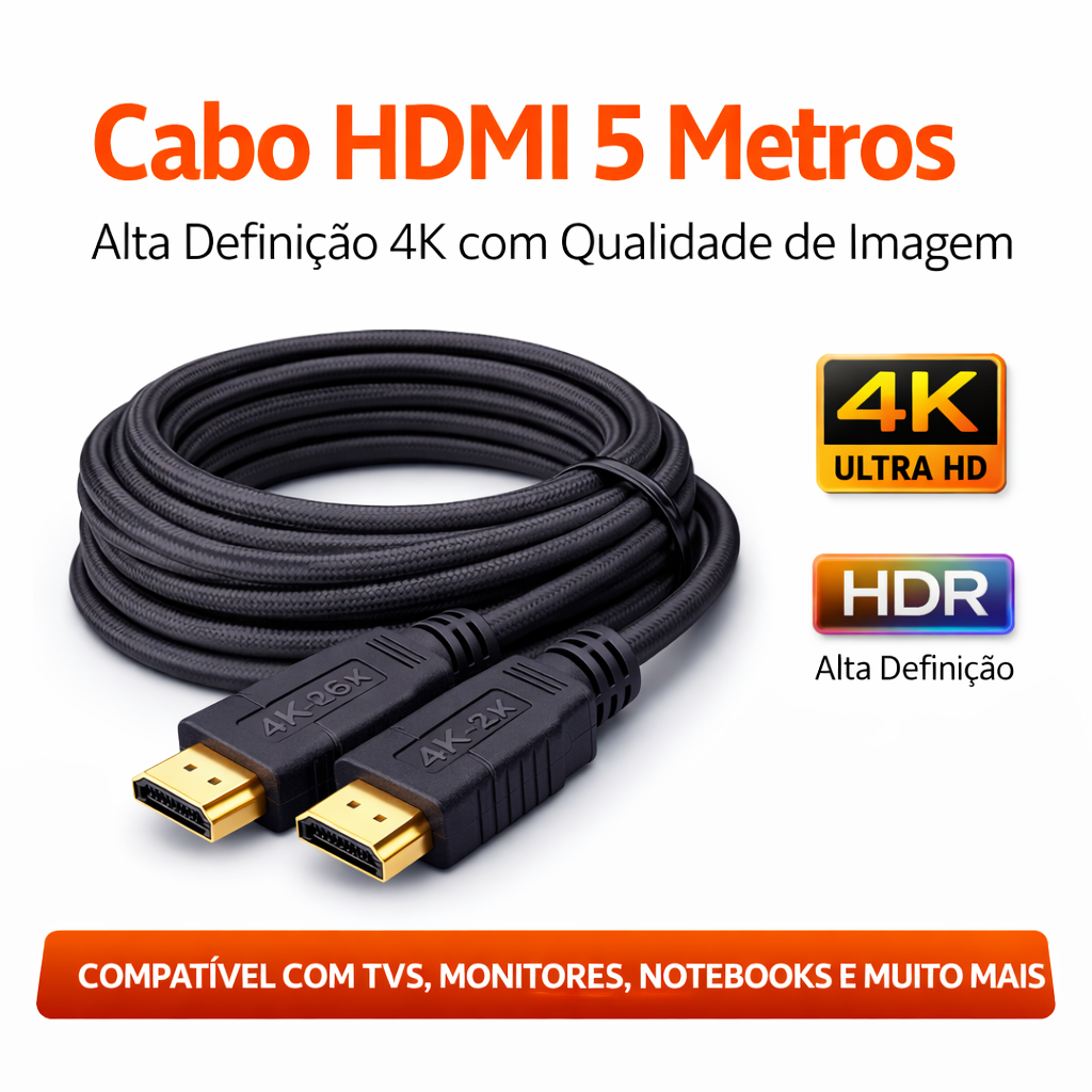 Cabo HDMI 5 Metros 4K Ultra HD Alta Velocidade Para TV Monitor Notebook PS4 Xbox Projetor