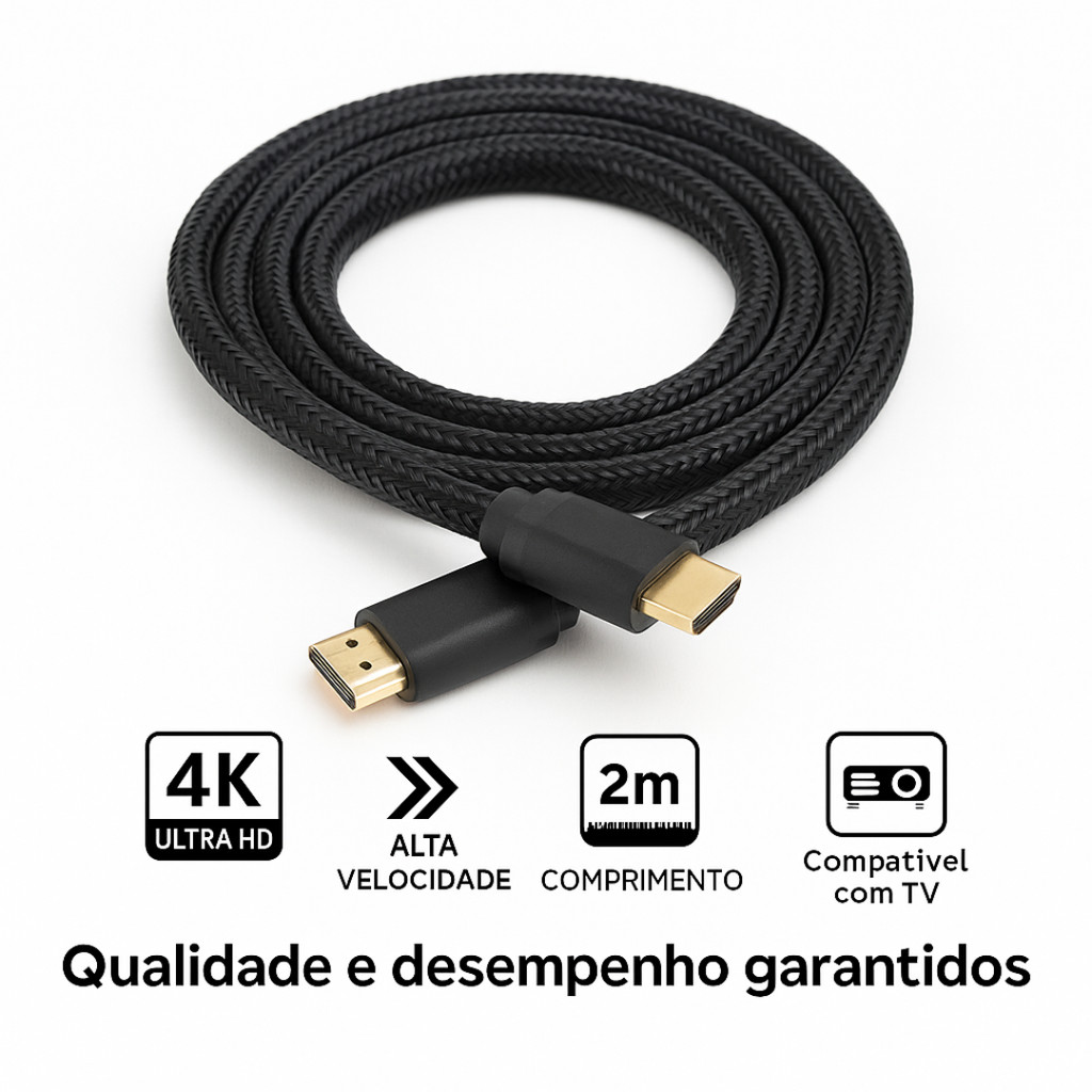 Cabo HDMI Alta Velocidade 2 Metros 4k Ultra HD Alta Transmissão Videogames Notebooks Projetores