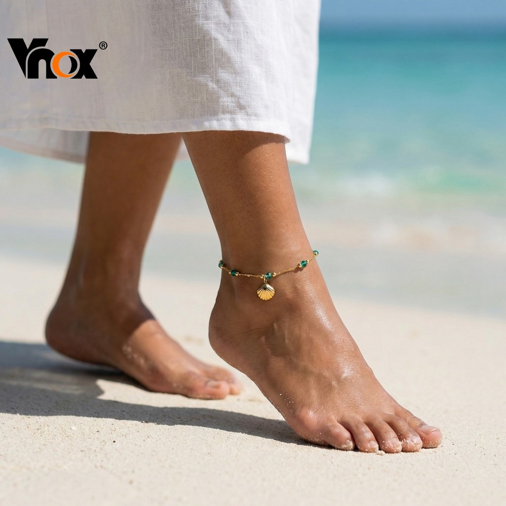 Tornozeleira Feminina Vnox Fashion Green Bead Shell , Presente Acessório À Beira-Mar De Verão