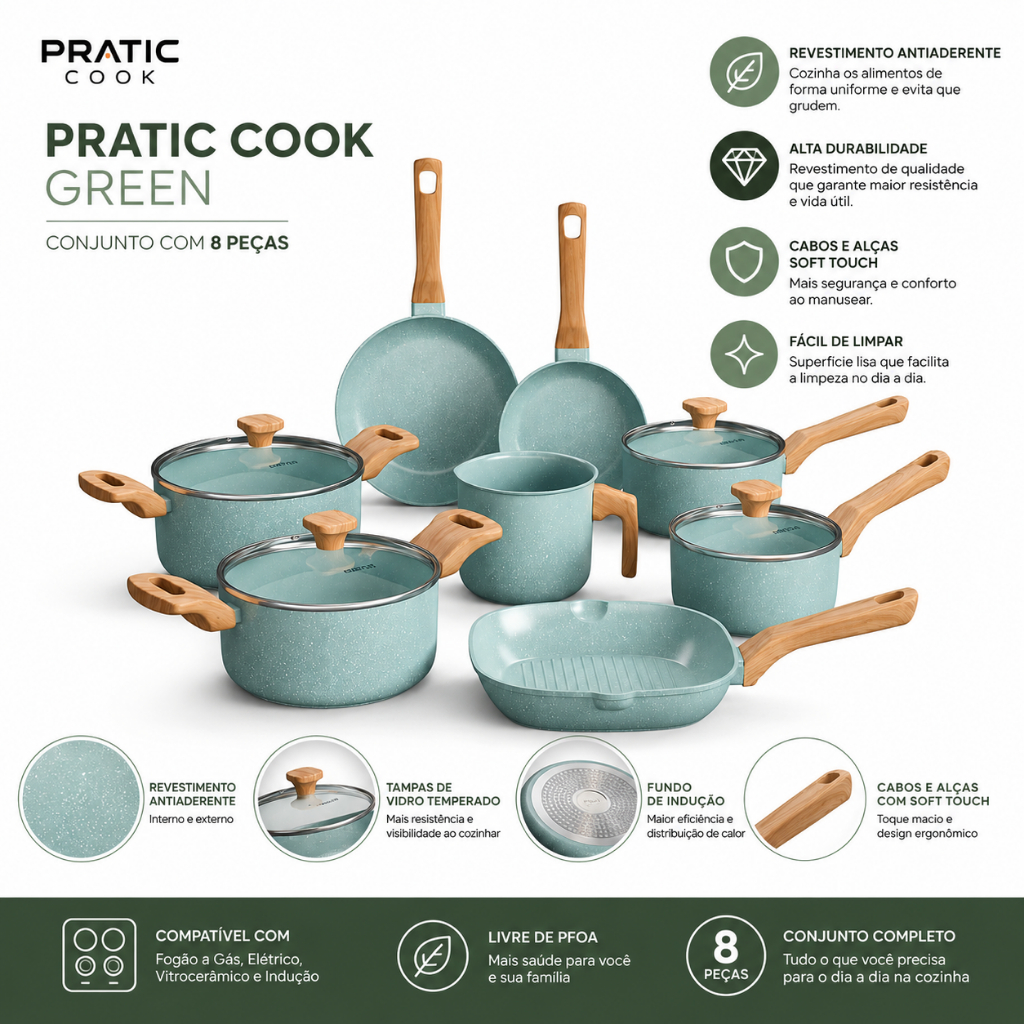 Conjunto De 8 Panelas Pratic Cook Green Mimo Style Jogo Panela Antiaderente Nao Gruda