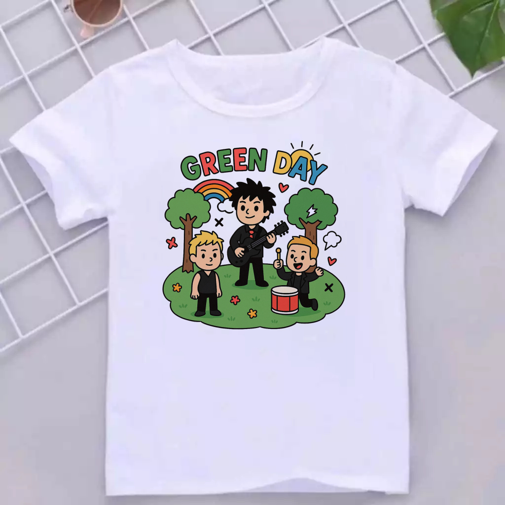 Camiseta Infantil Green Day ilustração - Estampa banda desenho fofo moda rock emo camisa tshirt casual