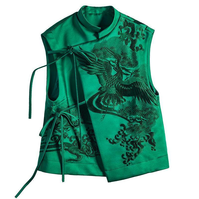 Retro heavy-duty white stork embroidered green lace-up Chinese-style vest jacket for women, 2025 autumn new Chinese-styl