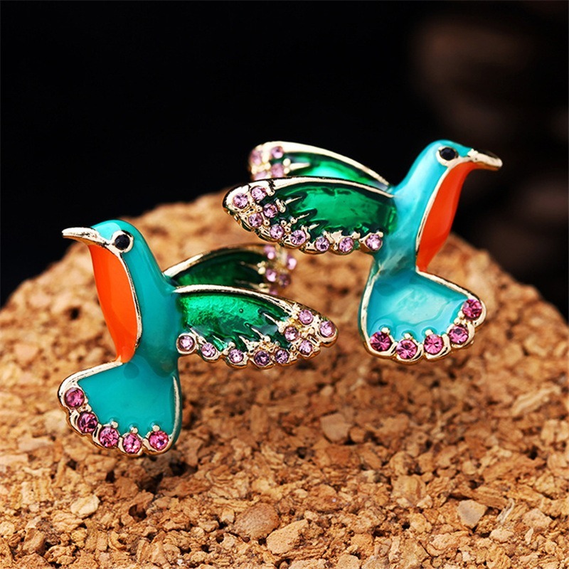 Fashion Green Rhinestone Brinco De Pássaro Verde Vintage Blue Esmalte Animal Brincos