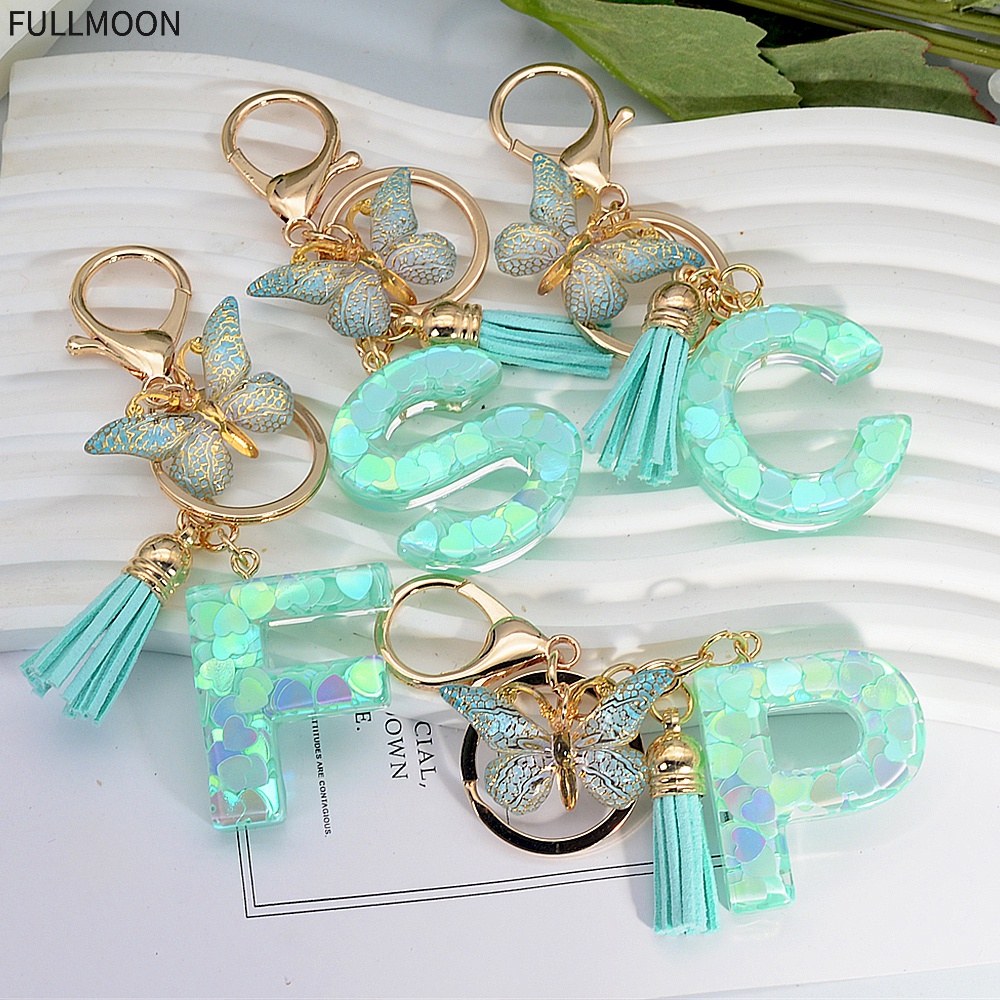 Chaveiro Verde Fashion Green 26 Letras Chaveiros Tassel Heart Sequin Cheio De Lantejoulas Iniciais Com Pingente Borboleta Bolsas De Mão Ornamentos Presentes