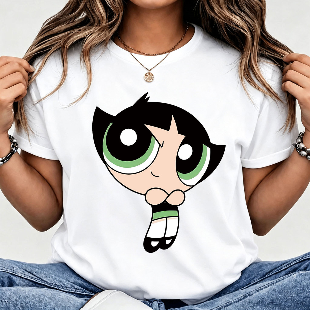 [Camiseta Premium em Algodão Puro]LA Cartoon Short Sleeve T Shirt for Women, Anime Style, Green - Black, Casual Wear