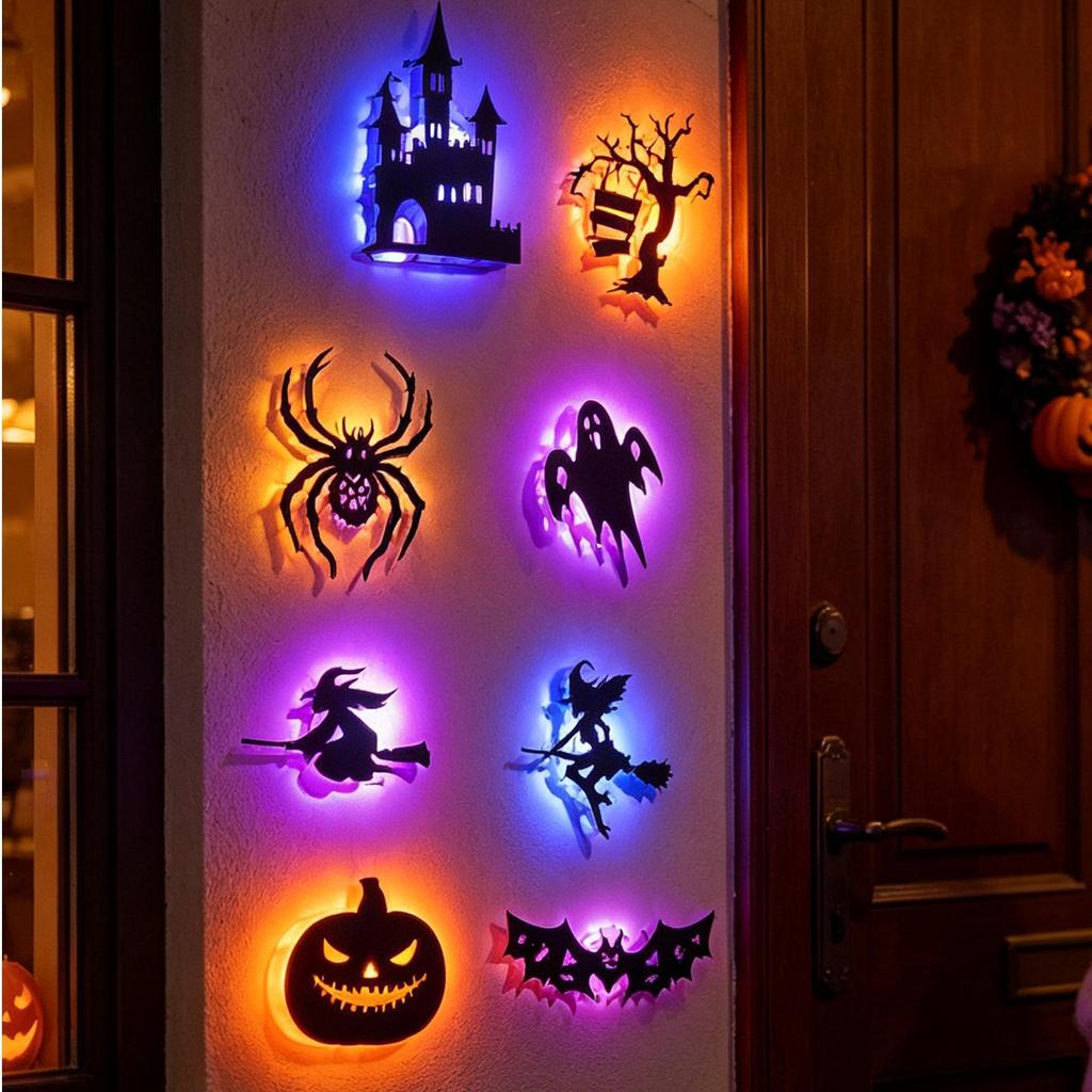 8 Pçs Light-Up Decalques De Parede De Halloween Assustador LED Aranha Fantasma Decoração Da Janela Iluminado Abóbora Bru