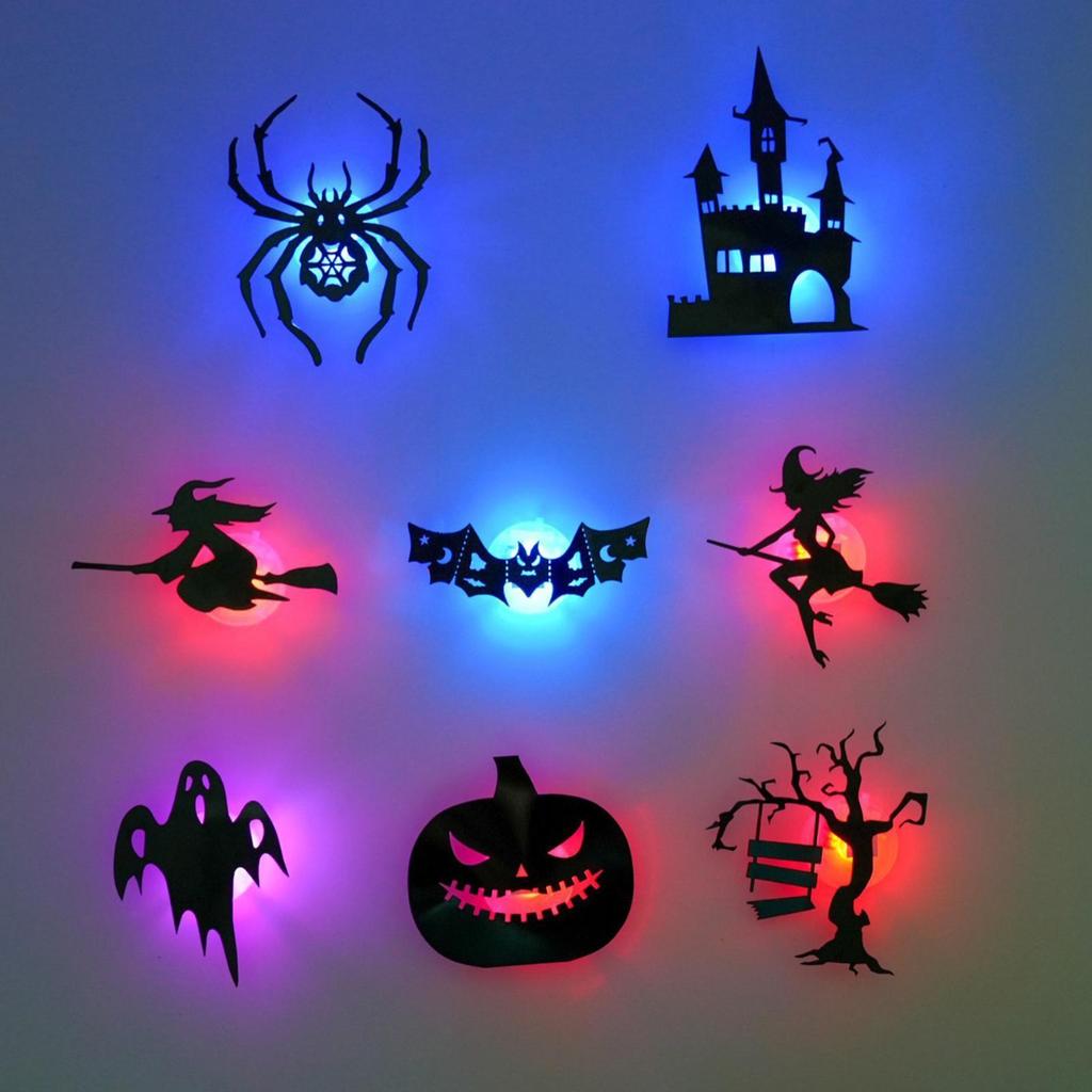 Halloween Parede Adere 8 Peças LED Light Up Aranha Fantasma Janela Decoração Iluminada Abóbora Bruxa Morcego Decalques D