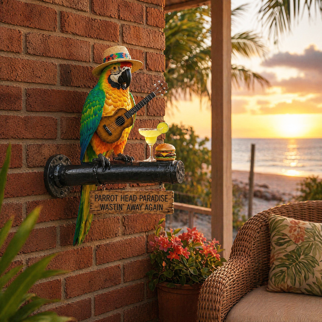 seafeel Solar LED Parrot Wall Mount Decor Light , Resina Tropical Bird Com Ukulele , Quintal Externo Jardim Pátio Arte S