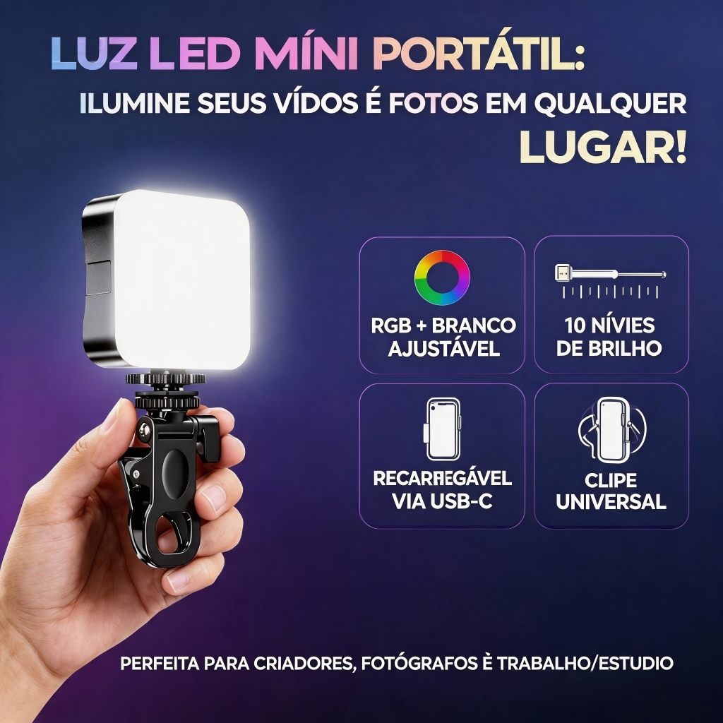 Mini Luz LED RGB para Fotografia e Vídeo,Câmera Móvel,Gravação em Externo,Luz Suave, Clipe Ajustável