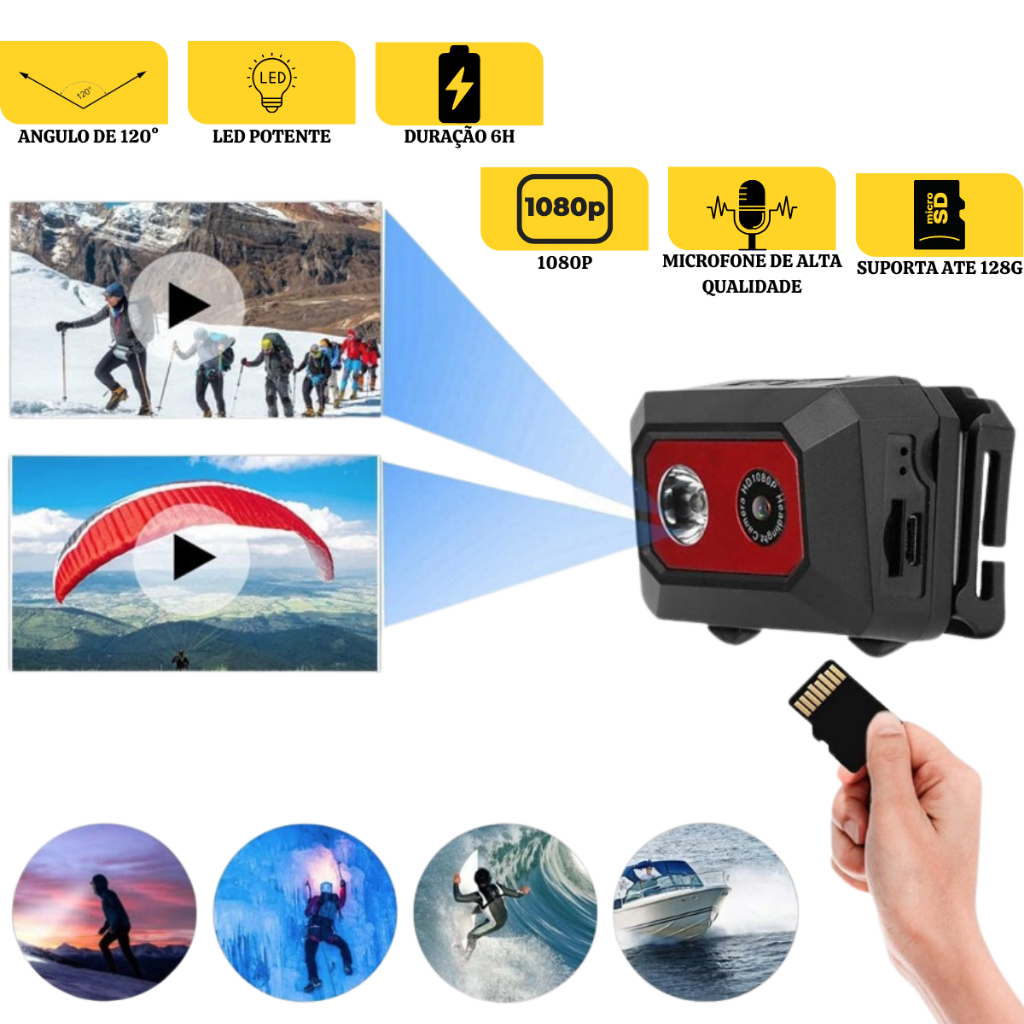 Câmera Mini Body Sport 1080p Full HD com LED e Áudio para Ciclismo Pesca Trilhas Aventura