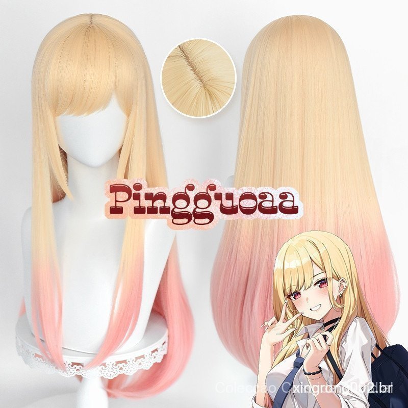 Peruca de Cosplay Marin Kitagawa My Dress Up Darling 80cm Gradiente Amarelo e Rosa Cabelo Sintético Resistente ao Calor