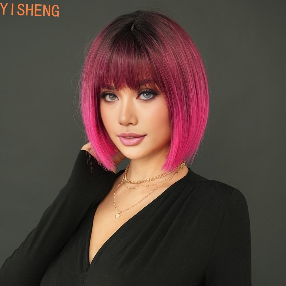 YISHENG Halloween Dress Up Perucas , Com Raízes Escuras Curtas Retas Rosa Bob , Cosplay