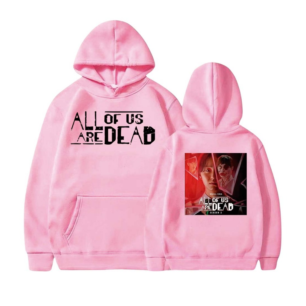 Moletom rosa bebê canguru com bolso, touca e cordão de ajuste tema da série all of us are dead  1 e 2